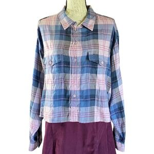 American Eagle Womens XL Cropped Viscose Blend Pink & Purple Plaid Shirt NWT